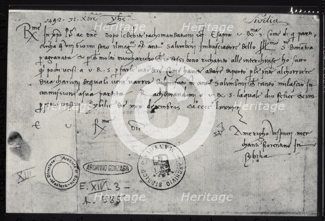 Autograph letter of Amerigo Vespucci written on 30th December 1492 in Seville to the Ducal Commis…