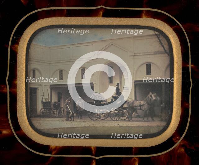 Untitled (Three Men and Horse-Drawn Carriage), 1856. Creator: Unknown.