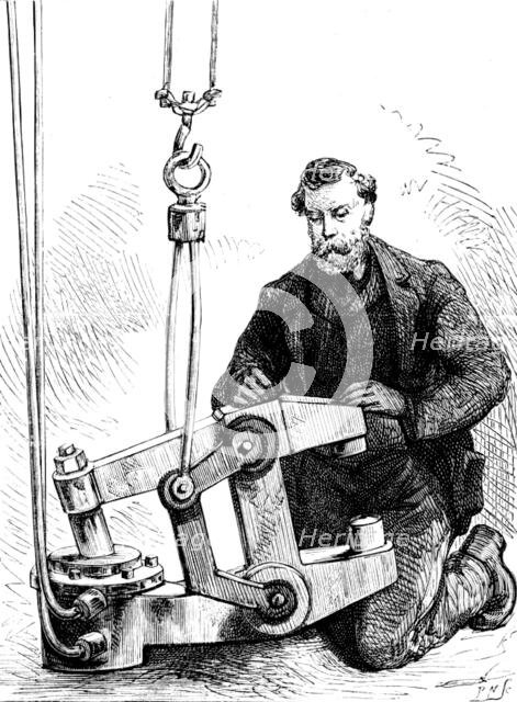 The Forth Bridge: hydraulic riveting machine...[used] by the Prince of Wales, 1890. Creator: P Naumann.