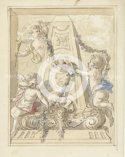 Mourning putti hanging garlands on a monument, 1677-1755. Creator: Elias van Nijmegen.