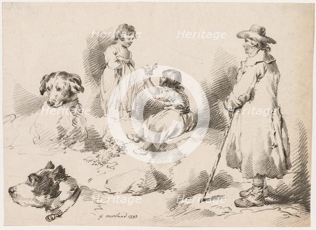 Studies of Children (Two Little Girls); Two Dogs; A Man, 1793. Creator: J. Harris, Gerrard Street, Soho, London.