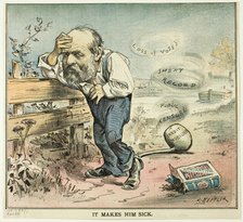 It Makes Him Sick, from Puck, published August 18, 1880. Creator: Joseph Keppler.