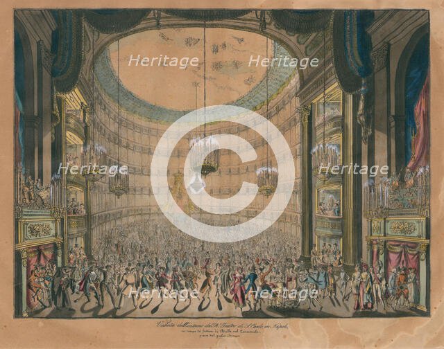 Royal Theatre of San Carlo in Naples during Carnival, seen from the stage, 1827. Creator: Anonymous.