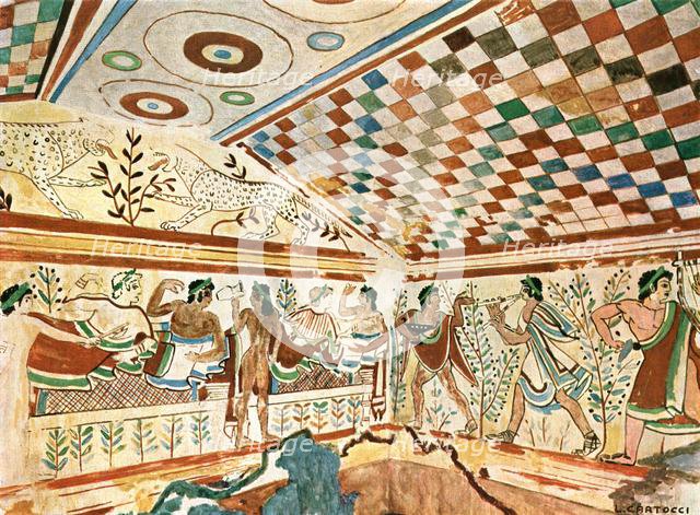 Mural painting in the Leopard's Tomb (Tomba dei Leopardi) at Tarquinia, Italy, (1928).  Creator: Unknown.
