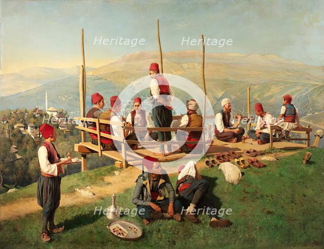 Turkish coffee house in Sarajevo, 1897. Creator: Franz Leo Ruben.