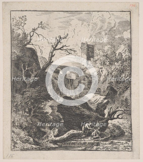 Plate 2: two figures sitting on a tree trunk on the bank of a stream in foreground,..., ca. 1700-25. Creator: Franz Joachim Beich.