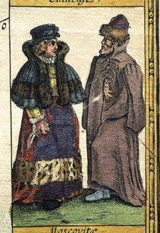 Muscovites types, colored engraving from the book 'Le Theatre du monde' or 'Nouvel Atlas', 1645, …