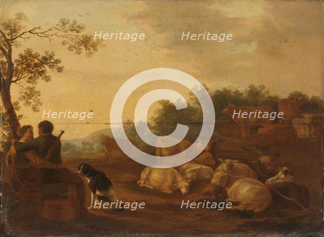Landscape with sheperd, sheperdess and cattle, c.1632. Creator: Willem Ossenbeeck.