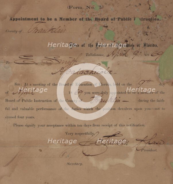 Appointment to be a Member of the Board of Public Instruction, 1869. Creator: Unknown.