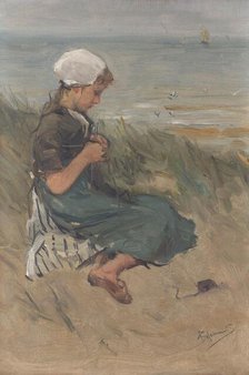 Girl Knitting in the Dunes, c.1870-c.1900. Creator: Bernardus Johannes Blommers.