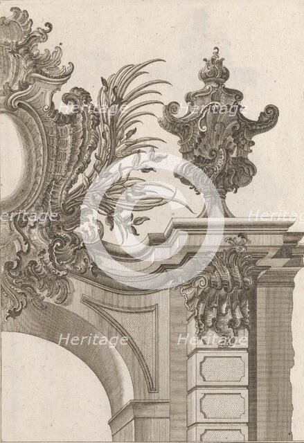 Suggestion for the Decoration of Top Right Side of Portal, Plate 3 from 'Al..., Printed ca. 1750-56. Creator: Jeremias Wachsmuth.