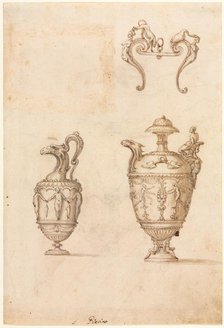 Design for Two Vases and an Ornament (recto), mid 1500s. Creator: Luzio Romano (Italian, active 1528-75).