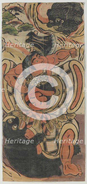 Banner Depicting Kintaro Battling Bears, 18th century. Creator: Unknown.