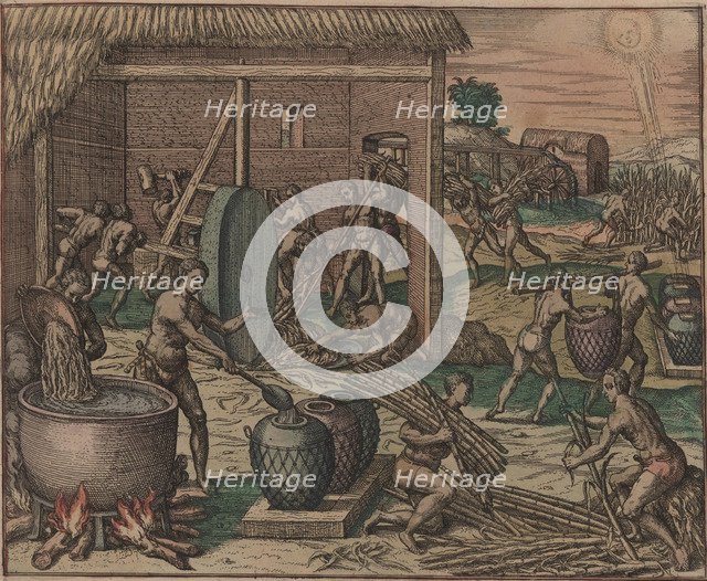 Slaves process sugar cane and make sugar, 1595. Creator: Bry, Theodor de (1528-1598).