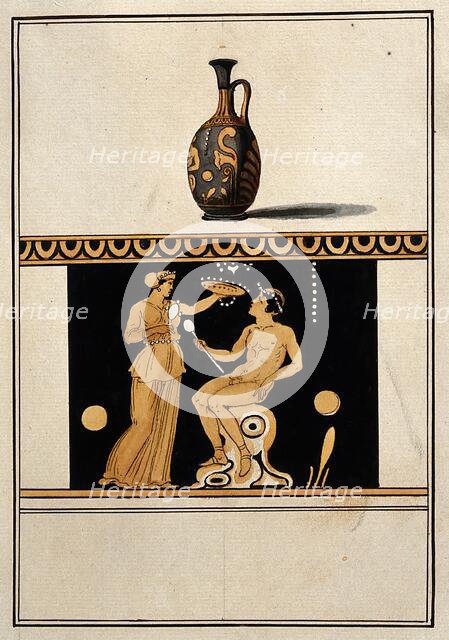 Above, red-figured Greek perfume vessel (lekythos) decorated with figures and a palm..., 1760-9. Creator: Augustin Dahlsteen.