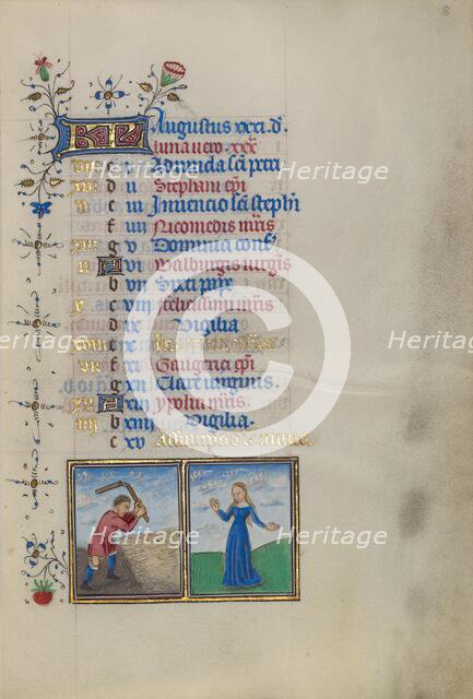 Calendar Page for August: Threshing: Virgo; Book of Hours, about 1450-1455. Creator: Master of the Lee Hours.