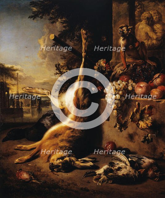 Dead game, monkey and fruit in front of a landscape, 1709. Creator: Jan Weenix.
