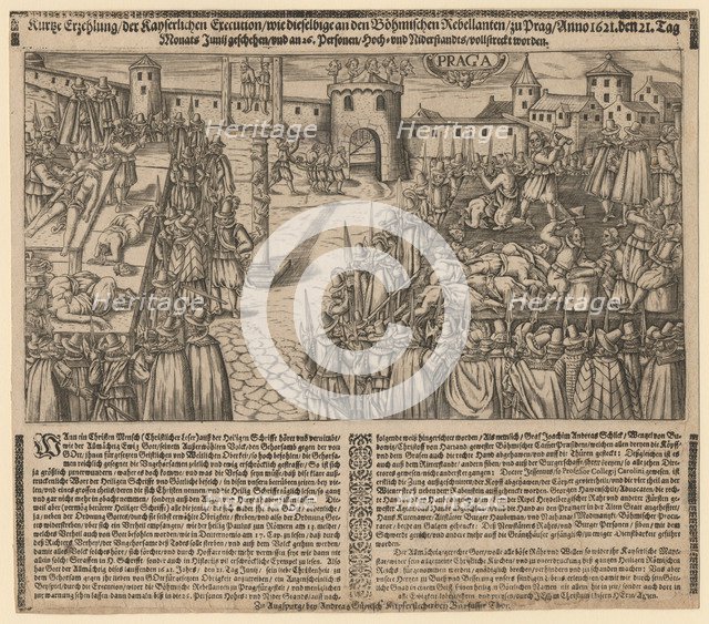 Execution of 27 Protestant Leaders on the Old Town Square in Prague on June 21, 1621, 1621.