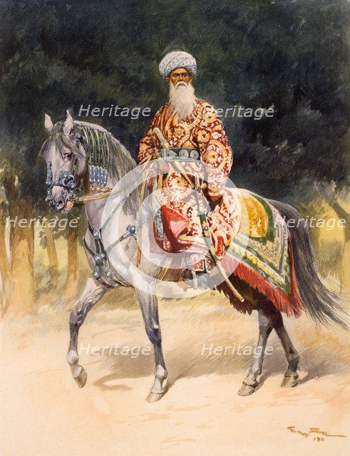 An armed warrior mounted on a Turkoman horse in traditional dress, pub. 1912. Creator: German School (20th Century).