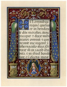 Text page with the Virgin and two peacocks, c1490. Artist: Unknown