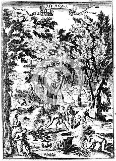 North American Huron Indians hunting and preparing food in woodland, 1686. Artist: Unknown