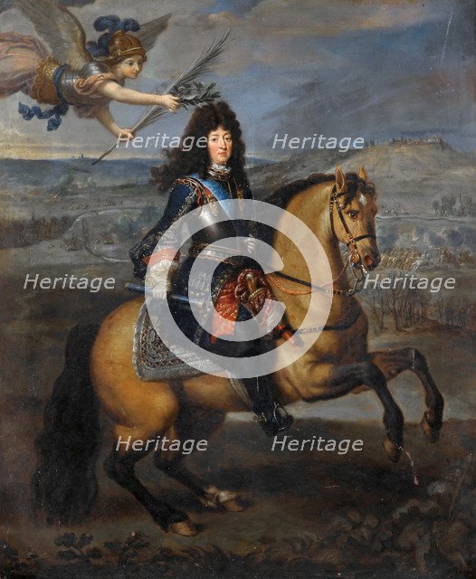 Equestrian portrait of Louis XIV at the Siege of Namur. Artist: Mignard, Pierre (1612-1695)