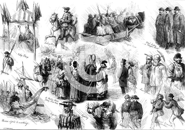 Opening of the new townhall at Bradford: sketches in the streets, 1873. Creator: Charles Joseph Staniland.