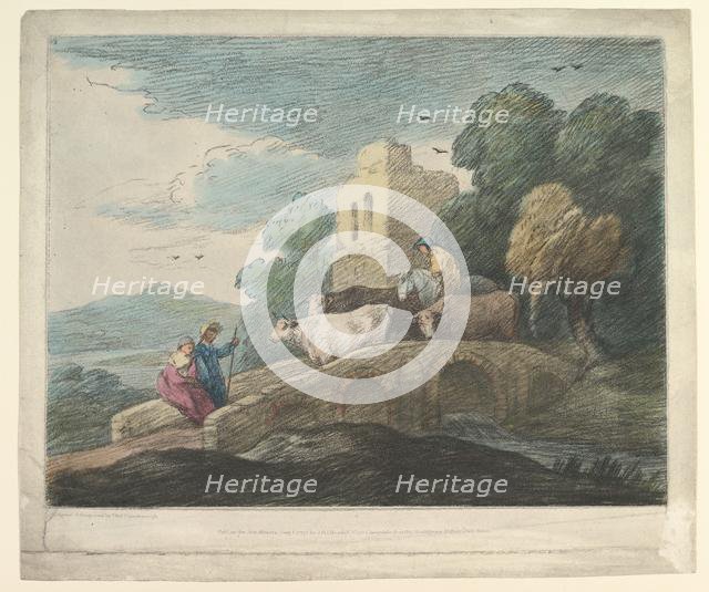 Wooded Landscape with Herdsmen Driving Cattle over a Bridge, Rustic Lovers and Ruined Castle, 1797. Creator: Thomas Gainsborough.
