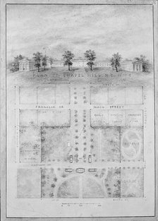 University of North Carolina, Chapel Hill (distant perspective and plan of grounds), 1850-58. Creator: Alexander Jackson Davis.
