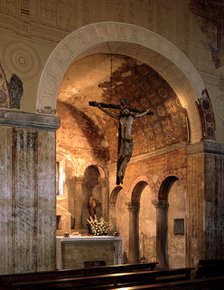 Interior of the Church of San Julián or Santullano de los Prados with painting remains, founded b…