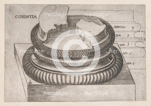 Speculum Romanae Magnificentiae: Corinthian base from the Temple of Mars Ultor, Rome, ..., ca. 1537. Creator: Master GA.