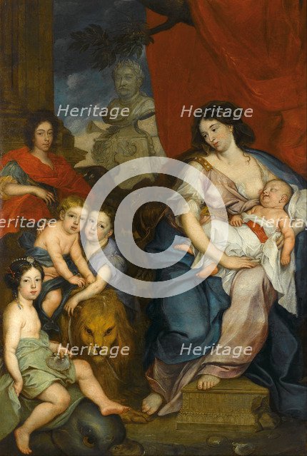 Portrait of Queen Marie Casimire with children. Artist: Siemiginowski-Eleuter, Jerzy (1660-1711)