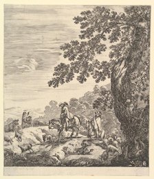 Two horsemen pass a flock, riding towards the left, a peasant woman and a young boy to..., ca. 1656. Creator: Stefano della Bella.