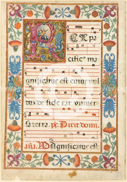 Angel Playing an Instrument in a Decorated Initial "R" with Flora, Fauna and Grotesque, from..., n.d Creator: Unknown.