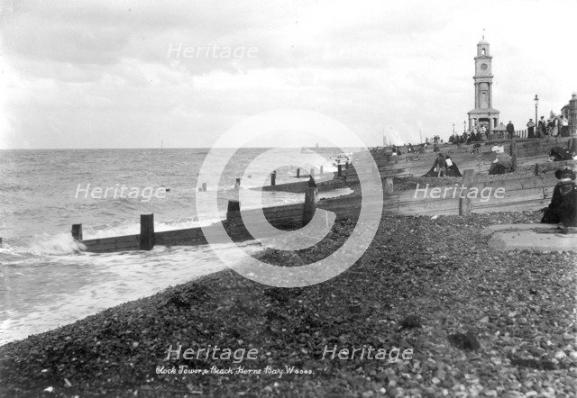The beach and Clock Tower, Herne Bay, Kent, 1890-1910. Artist: Unknown