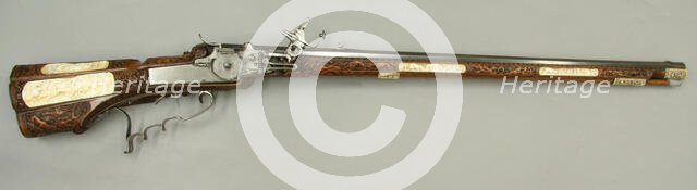 Wheellock Rifle Made for Emperor Leopold I, German, Schwäbisch Gmünd, ca. 1685. Creator: Johann Michael Maucher.