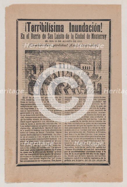 Broadsheet relating to the terrible flood in the barrio of San Luisito in the city of Mont..., 1903. Creator: José Guadalupe Posada.