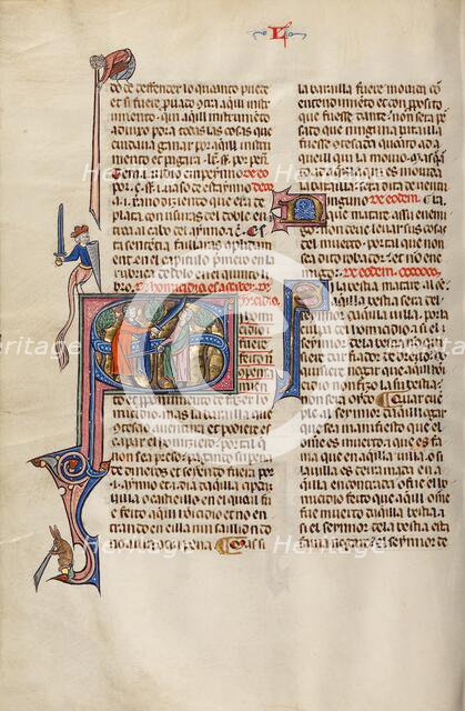 Initial S: Two Men Fighting with Swords; Vidal Mayor, about 1290-1310. Creator: Unknown.