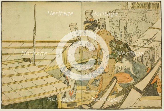 Embarking on Pleasure Boats in Summer, from the illustrated book "Picture Book: Flowers of..., 1801. Creator: Kitagawa Utamaro.