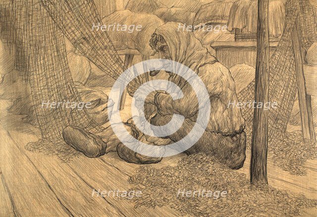 Repairing the net inside the hut, 1928. Creator: Dmitrii Innokent'evich Karatanov.