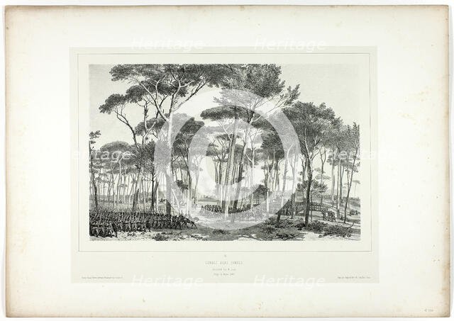 Combat in Pamfili, from Souvenirs d’Italie: Expédition de Rome, 1853. Creator: Auguste Raffet.