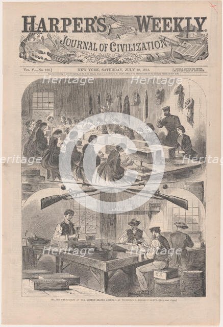 Filling Cartridges at the United States Arsenal, at Watertown, Massachusetts (Har..., July 20, 1861. Creator: Anon.