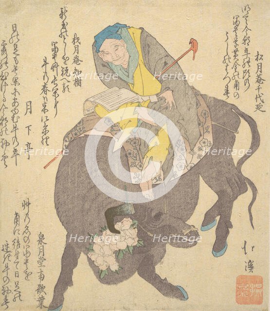 Chinese Sage Reading While Riding on a Buffalo, ca. 1820. Creator: Totoya Hokkei.