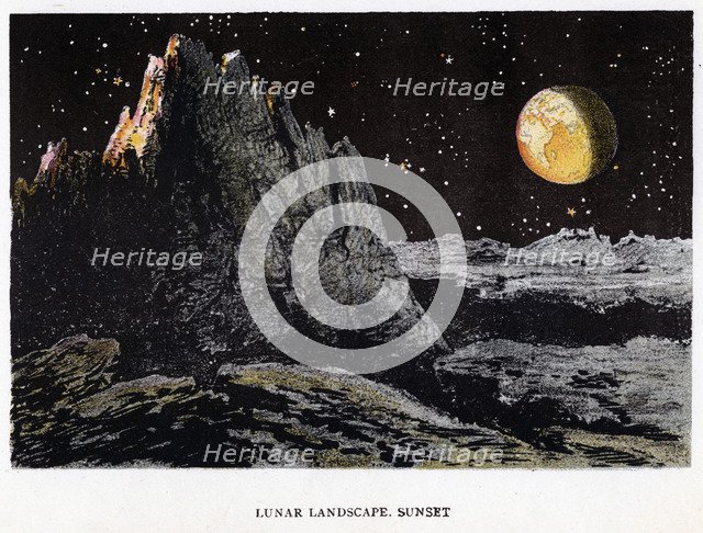 Artist's impression of the lunar landscape at sunset, 1884. Artist: Unknown