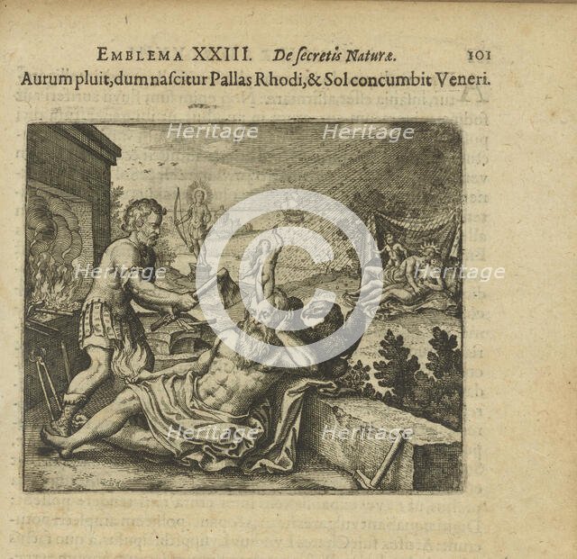Emblem 23. It rains gold as Pallas is born at Rhodes and the sun is at Venus, 1618. Creator: Merian, Matthäus, the Elder (1593-1650).