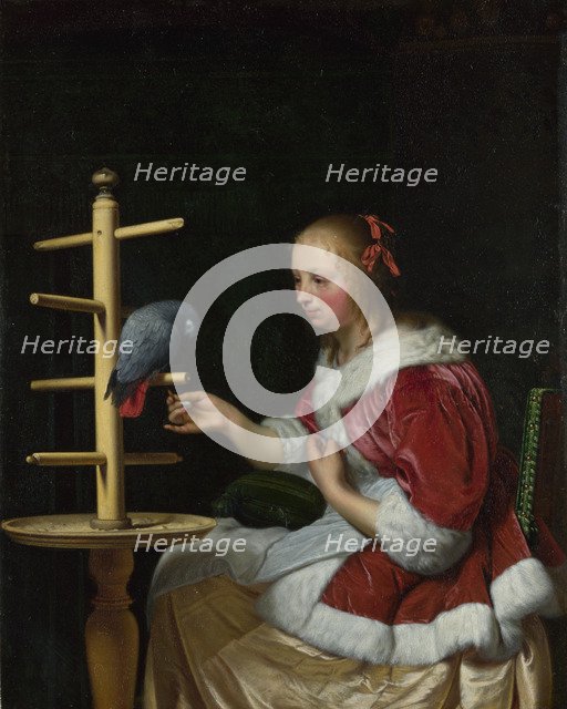 A Woman in a Red Jacket feeding a Parrot, ca 1663. Artist: Mieris, Frans van, the Elder (1635-1681)