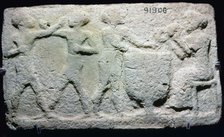 Baked clay plaque of two boxers fighting, while musicians play, from Larsa, Iraq, 2000BC-1750BC. Artist: Unknown