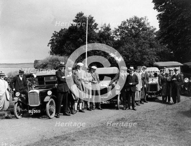 Group of people and cars on a country road, (c1930s?). Artist: Unknown
