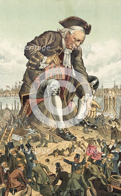 Gulliver und die Partei-Liliputaner.... Cartoon from Puck, 1885. Creator: Bernhard Gillam.