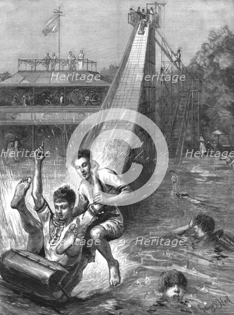 ''Water - Tobogganing- A novel Amusement; after Sydney P. Hall', 1890. Creator: Unknown.
